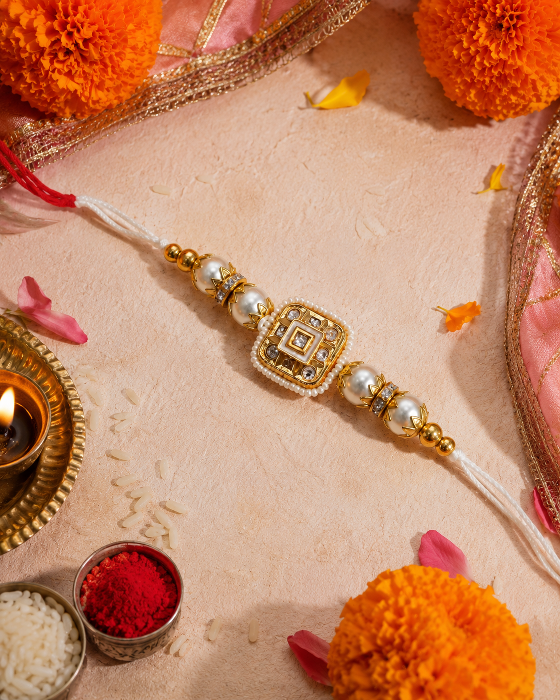 White Vihanth Kundan Meena Rakhi for Brother | Tilak Set Included