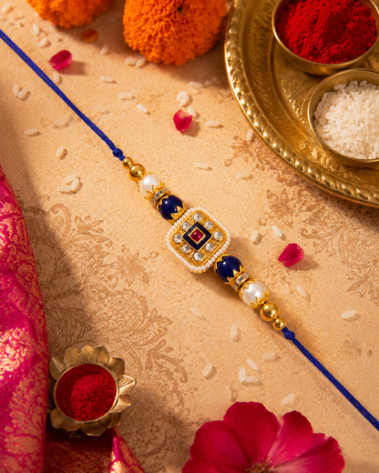 Blue Vihanth Kundan Meena Rakhi for Brother | Tilak Set Included