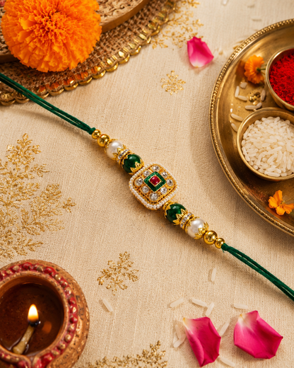Green Vihanth Kundan Meena Rakhi for Brother | Tilak Set Included