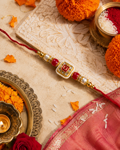 Red Vihanth Kundan Meena Rakhi for Brother | Tilak Set Included
