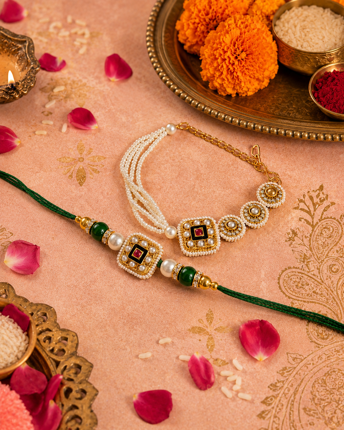 Green Zavianth Kundan Meena Bhaiya Bhabhi Rakhi Bracelet Set | Tilak Set Included