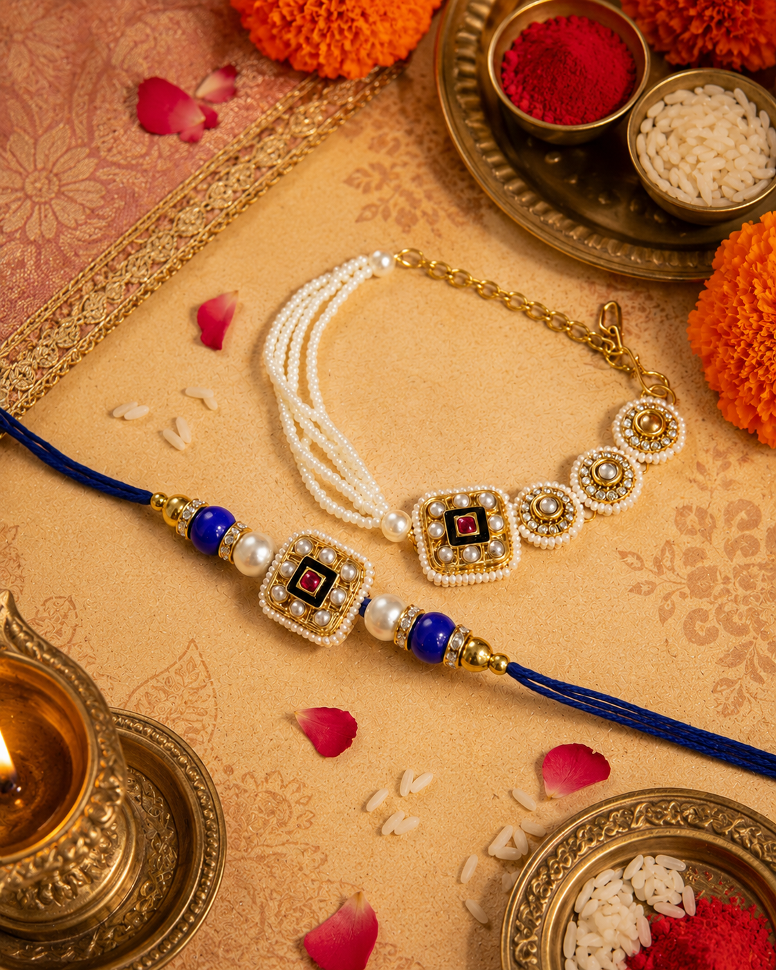 Blue Zavianth Kundan Meena Bhaiya Bhabhi Rakhi Bracelet Set | Tilak Set Included
