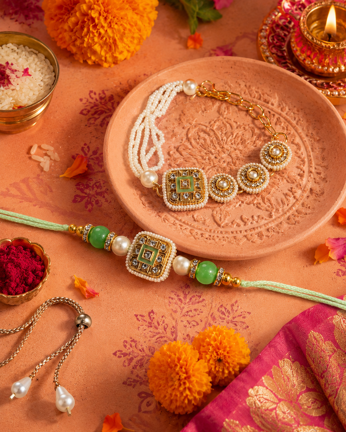 Mint Zavianth Kundan Meena Bhaiya Bhabhi Rakhi Bracelet Set | Tilak Set Included