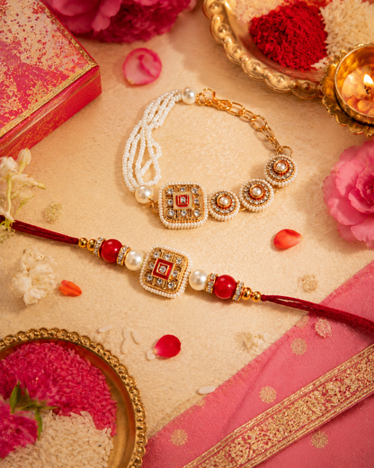 Red Zavianth Kundan Meena Bhaiya Bhabhi Rakhi Bracelet Set | Tilak Set Included