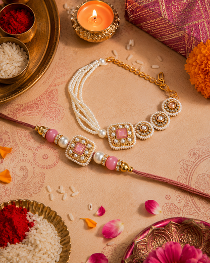 Blush Zavianth Kundan Meena Bhaiya Bhabhi Rakhi Bracelet Set | Tilak Set Included