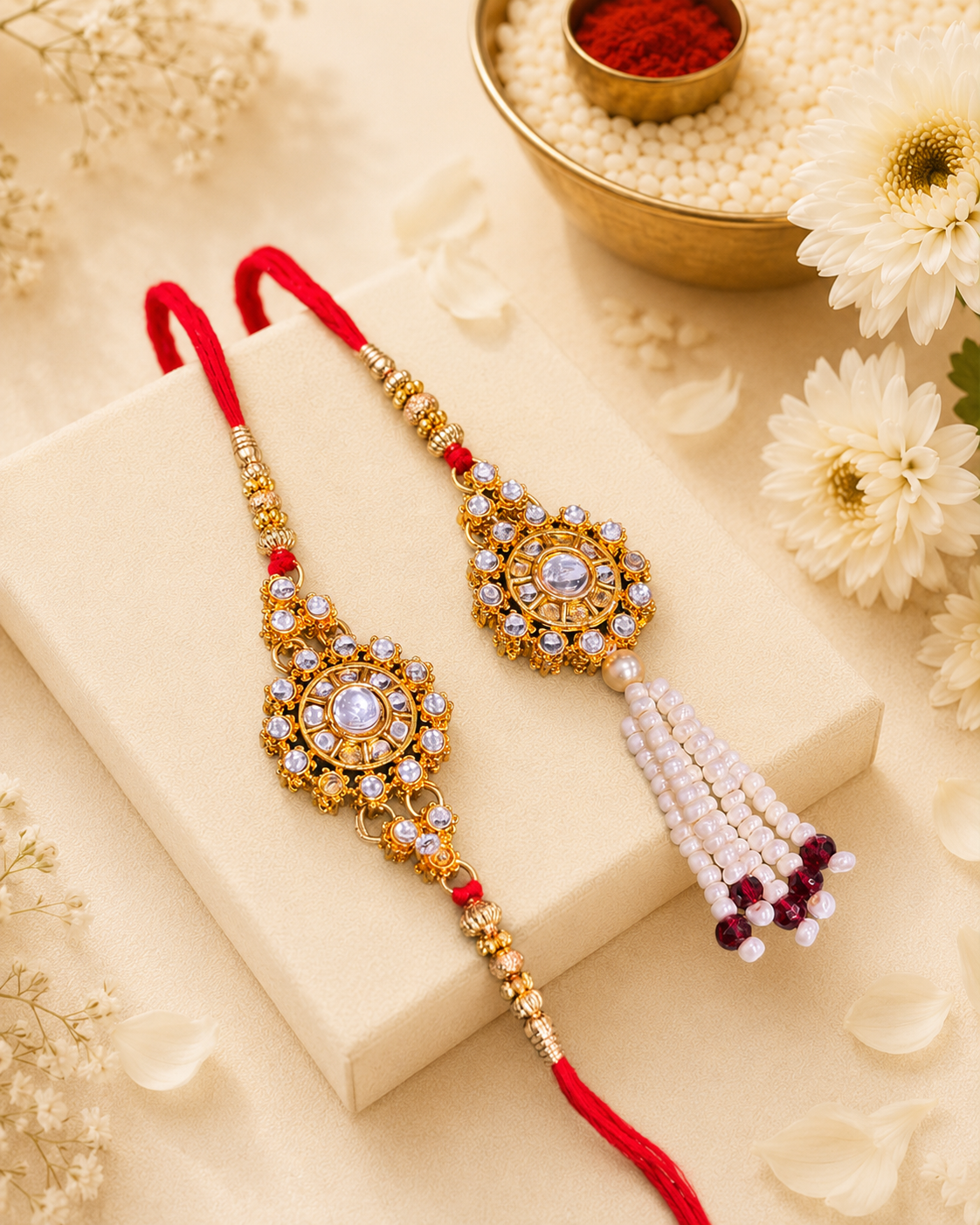 Silver Aaroh Bhaiya Bhabhi Rakhi with Tilak Set and Card