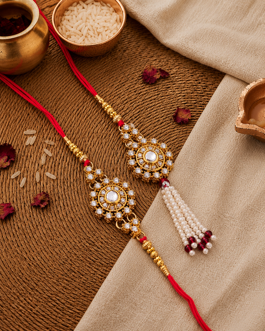 Silver Aaroh Bhaiya Bhabhi Rakhi with Tilak Set and Card