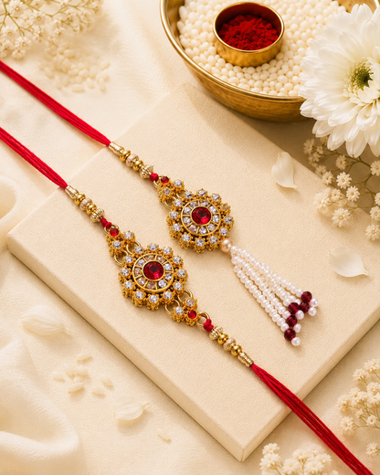 Red Aaroh Bhaiya Bhabhi Rakhi with Tilak Set and Card