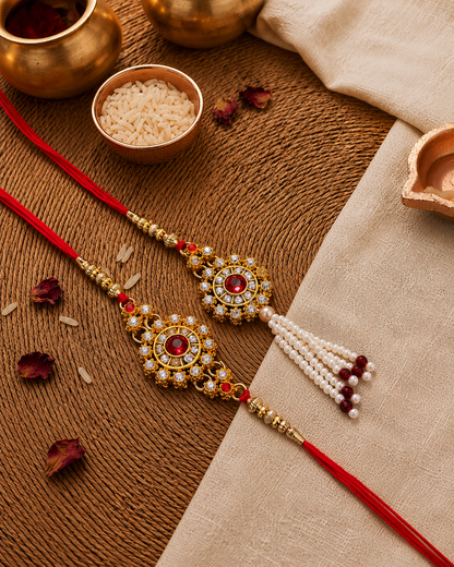 Red Aaroh Bhaiya Bhabhi Rakhi with Tilak Set and Card