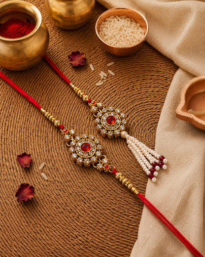Red Aaroh Bhaiya Bhabhi Rakhi with Tilak Set and Card