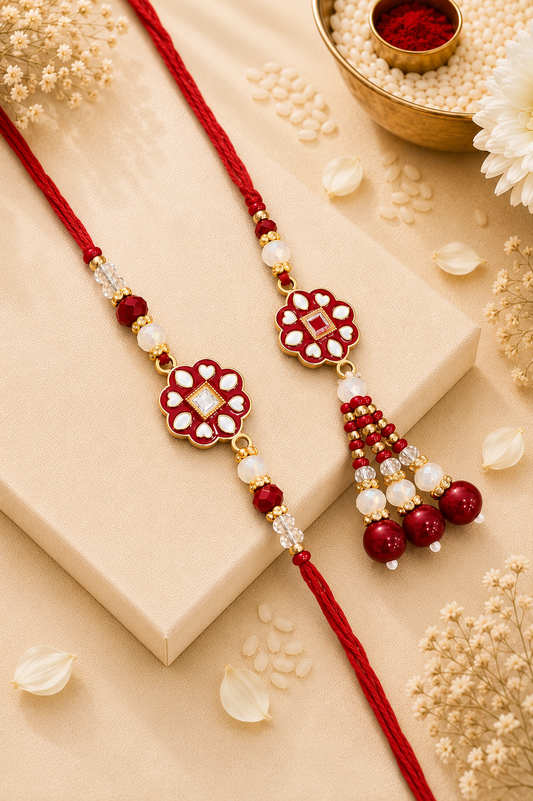 Red Yashit Bhaiya Bhabhi Rakhi with Tilak Set and Card