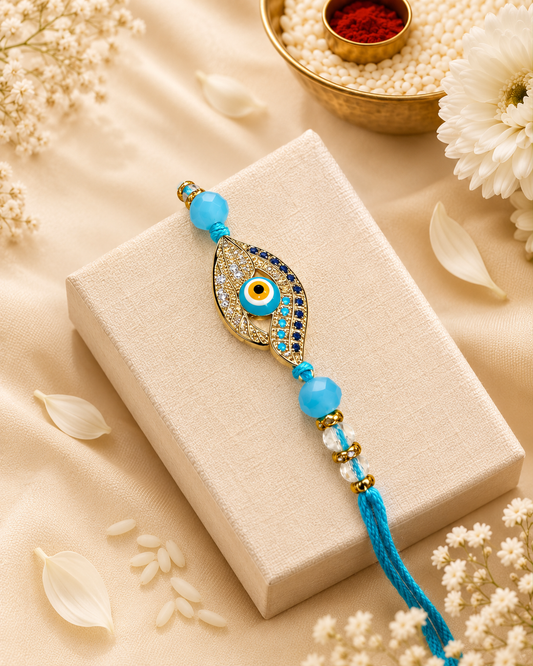 Turquoise Taksh Evil Eye Rakhi with Tilak Set and Card
