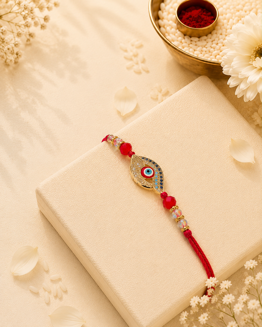 Red Taksh Evil Eye Rakhi with Tilak Set and Card