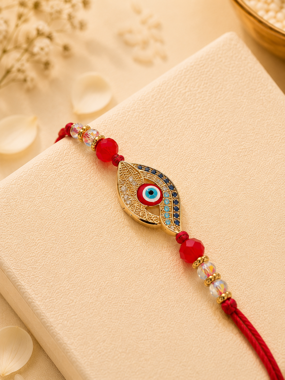 Red Taksh Evil Eye Rakhi with Tilak Set and Card