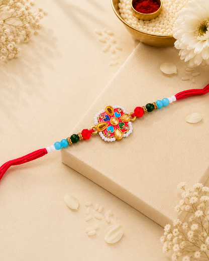 Red Multi Raivat Kundan Meena Rakhi for Brother | Tilak Set Included