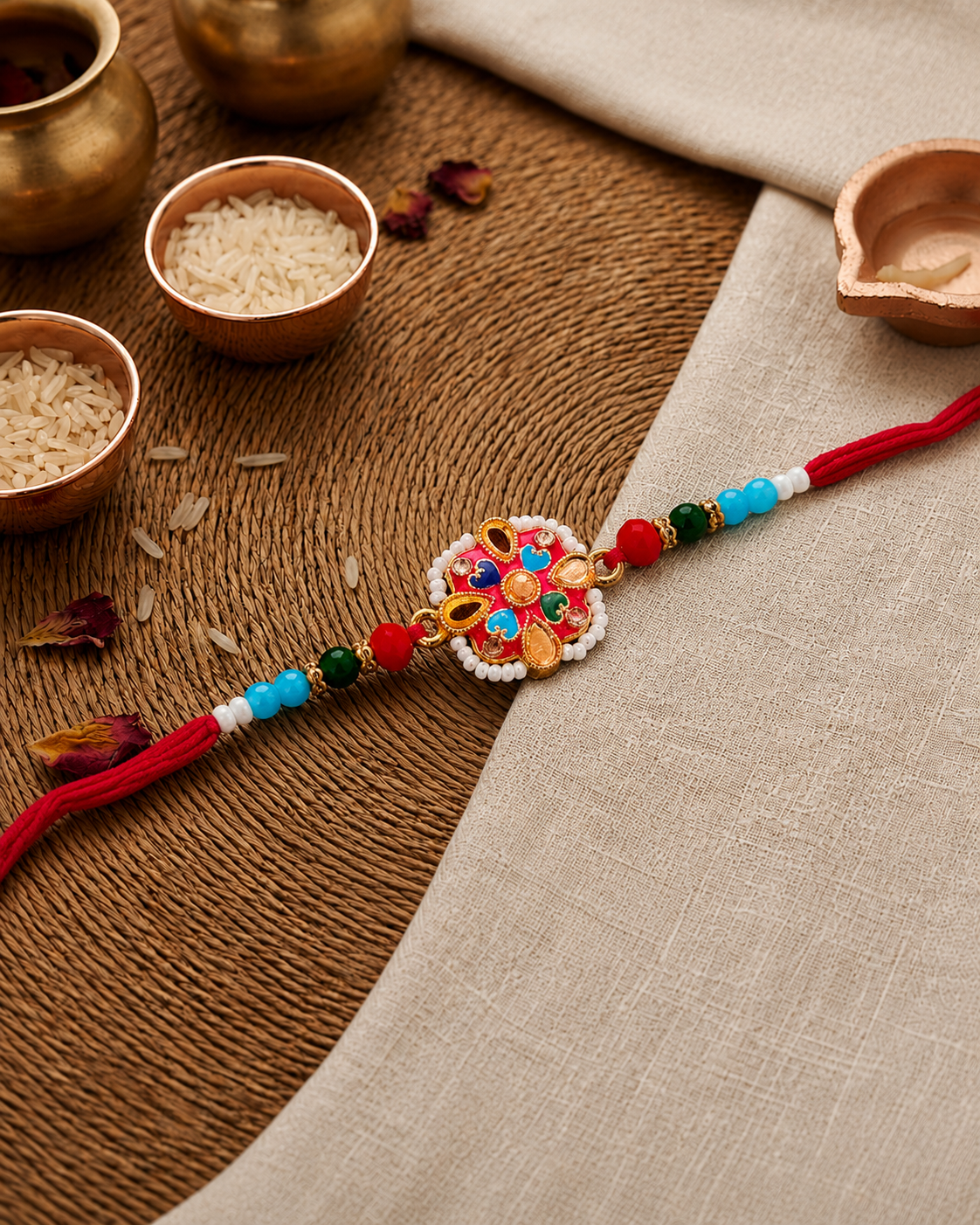Red Multi Raivat Kundan Meena Rakhi for Brother | Tilak Set Included