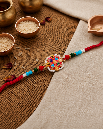Red Multi Raivat Kundan Meena Rakhi for Brother | Tilak Set Included