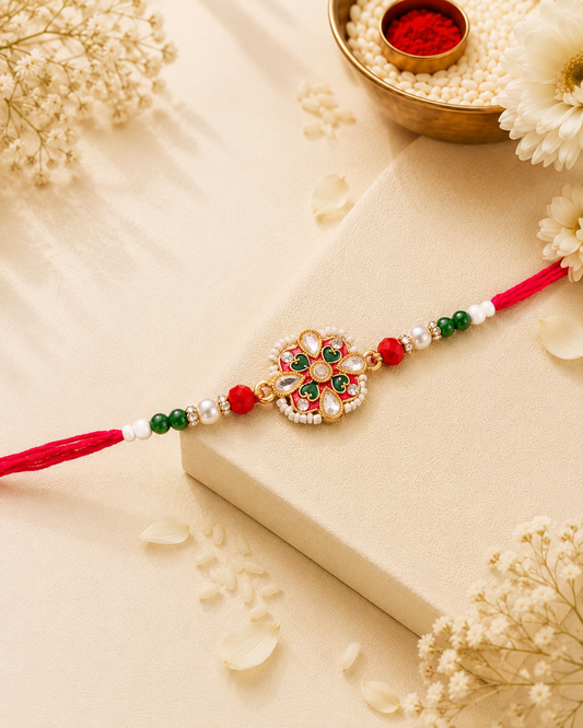 Red Green Raivat Kundan Meena Rakhi for Brother | Tilak Set Included