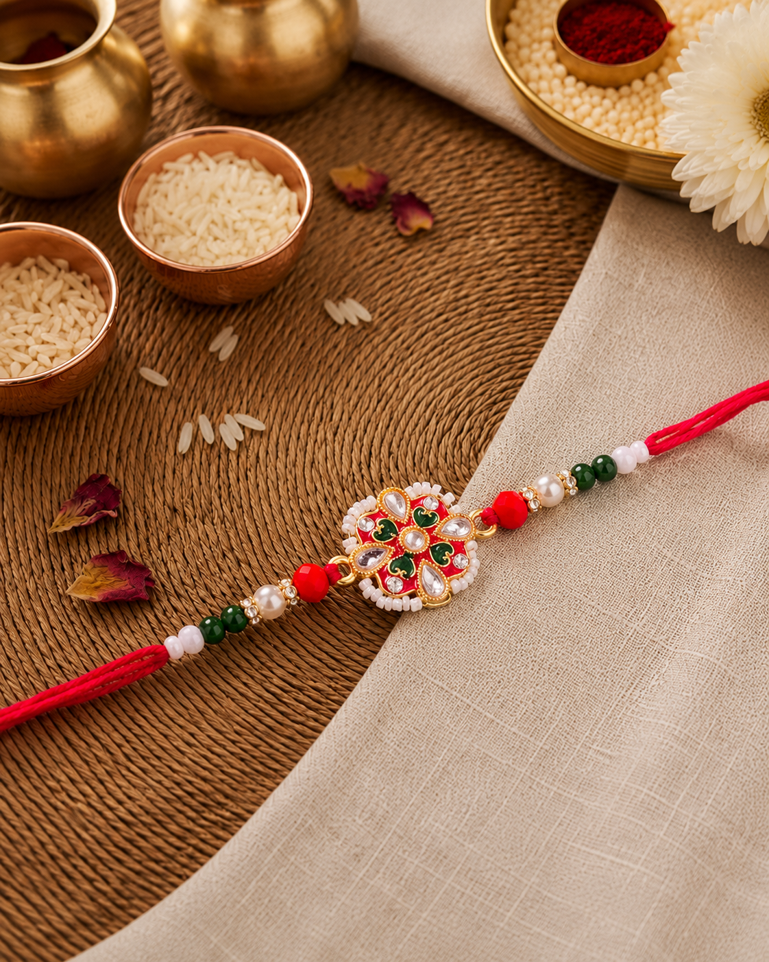 Red Green Raivat Kundan Meena Rakhi for Brother | Tilak Set Included