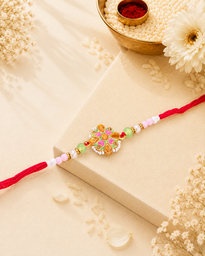 Pastel Raivat Kundan Meena Rakhi for Brother | Tilak Set Included