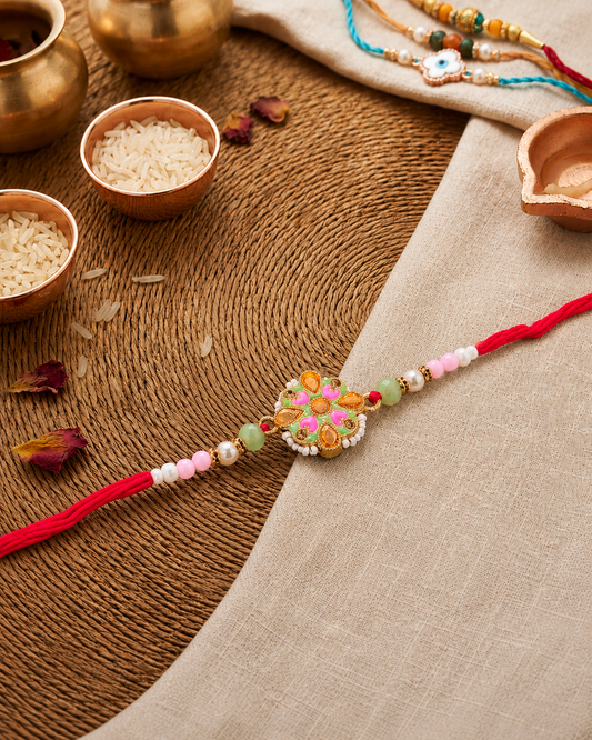 Pastel Raivat Kundan Meena Rakhi for Brother | Tilak Set Included