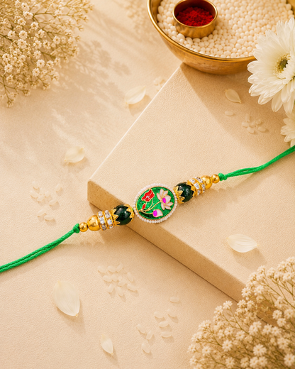 Green Reyva Meenakari Rakhi for Brother | Tilak Set Included