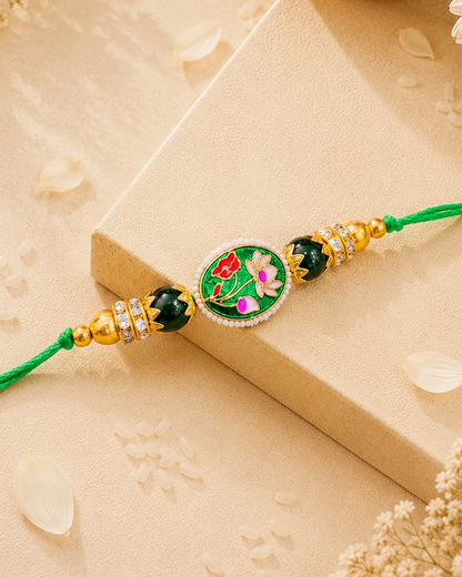 Green Reyva Meenakari Rakhi for Brother | Tilak Set Included