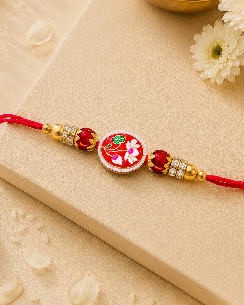 Red Reyva Meenakari Rakhi for Brother | Tilak Set Included