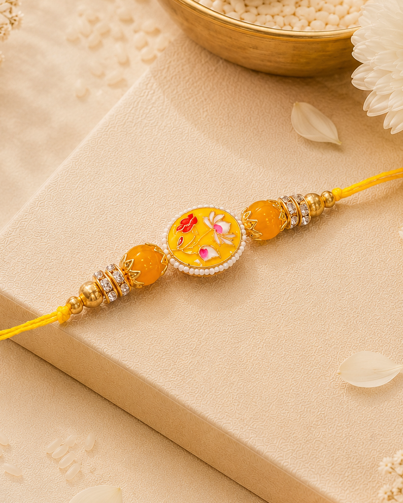 Yellow Reyva Meenakari Rakhi for Brother | Tilak Set Included