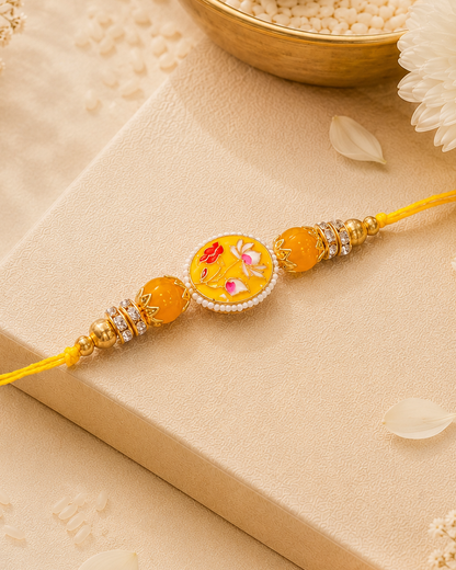 Yellow Reyva Meenakari Rakhi for Brother | Tilak Set Included