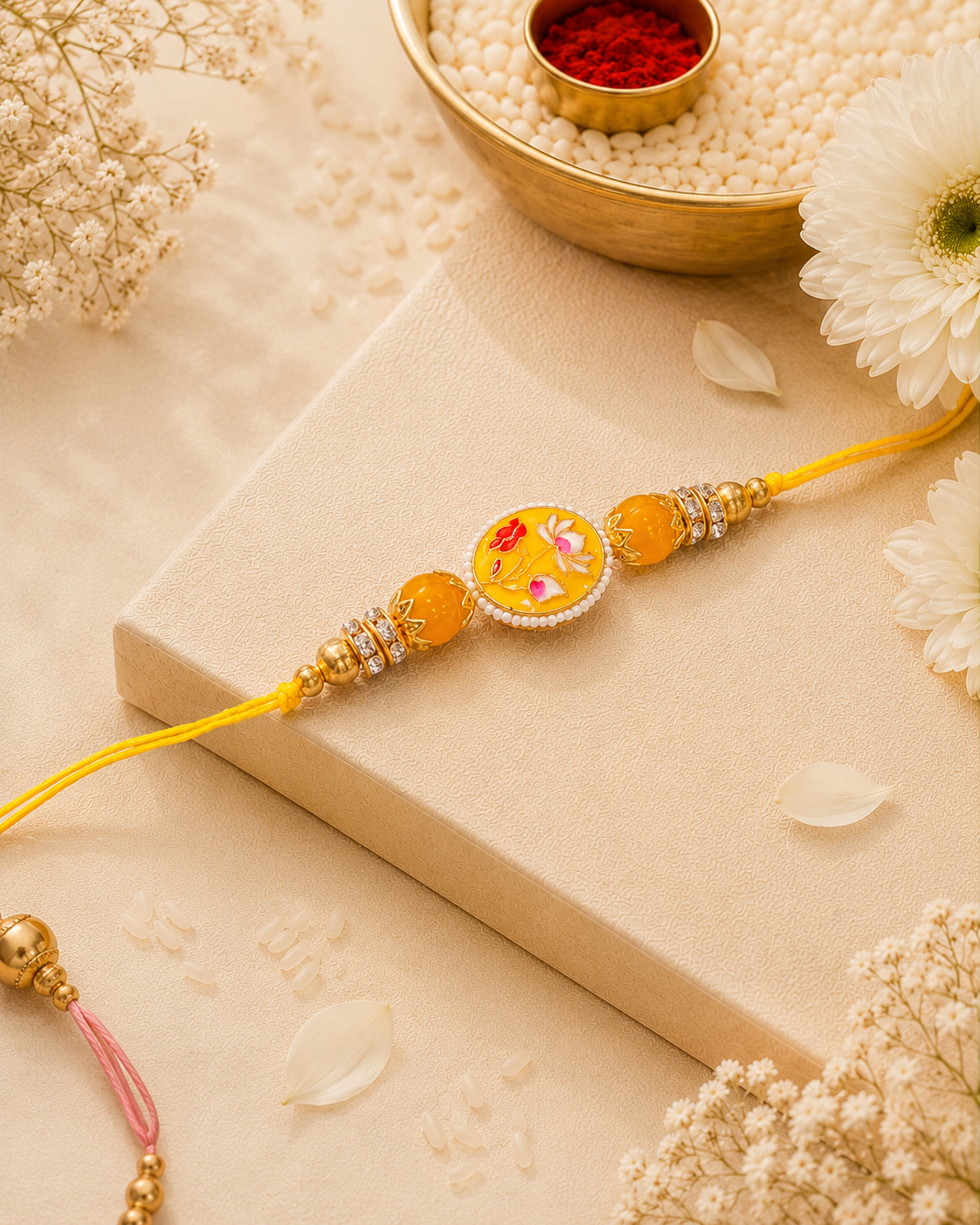 Yellow Reyva Meenakari Rakhi for Brother | Tilak Set Included