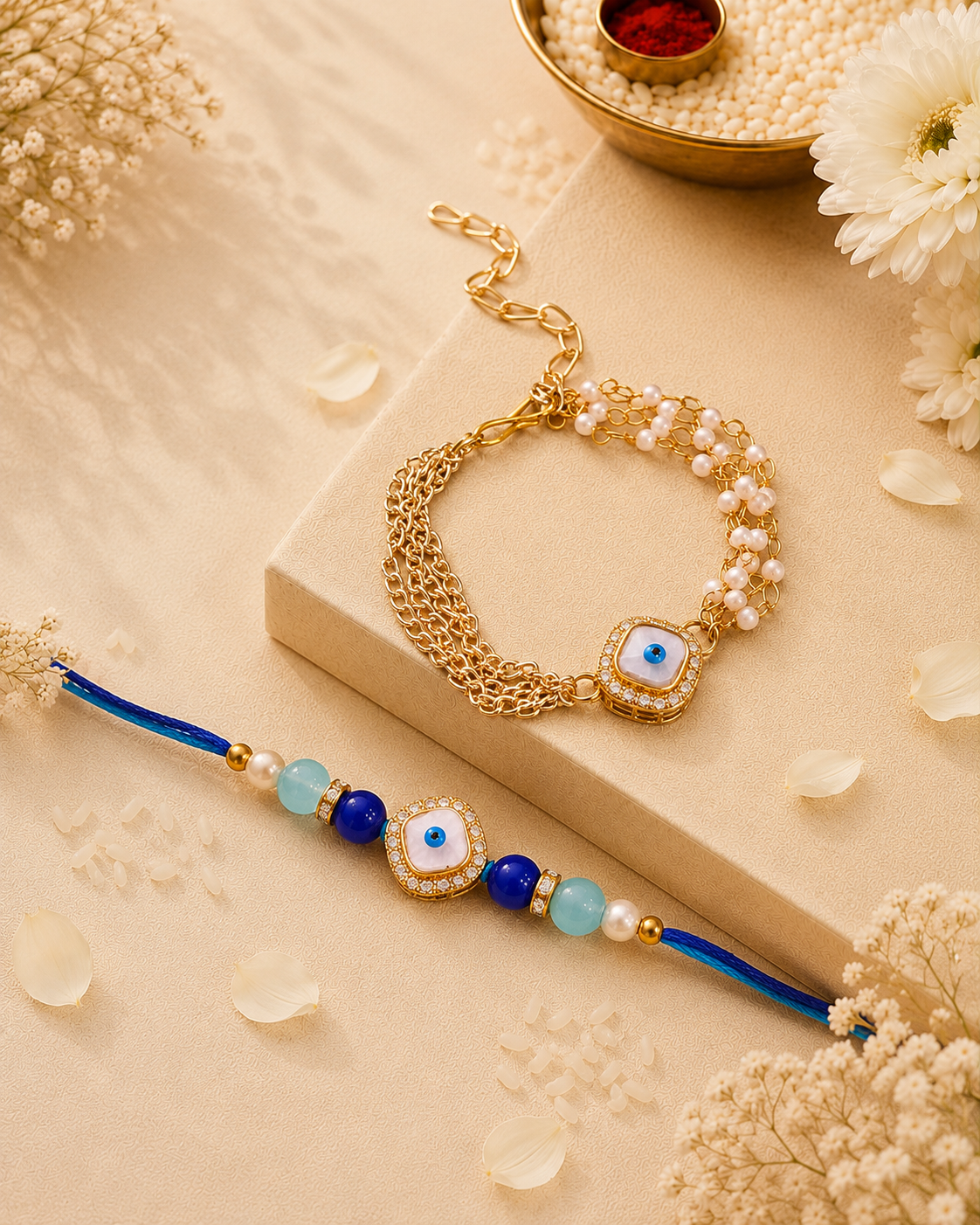 Inara Evil Eye Bhaiya Bhabhi Rakhi Bracelet Set | Tilak Set Included