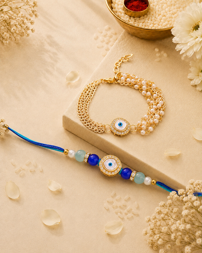 Ahalya Evil Eye Bhaiya Bhabhi Rakhi Bracelet Set | Tilak Set Included