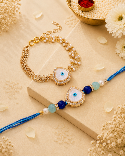 Kaumudi Evil Eye Bhaiya Bhabhi Rakhi Bracelet Set | Tilak Set Included
