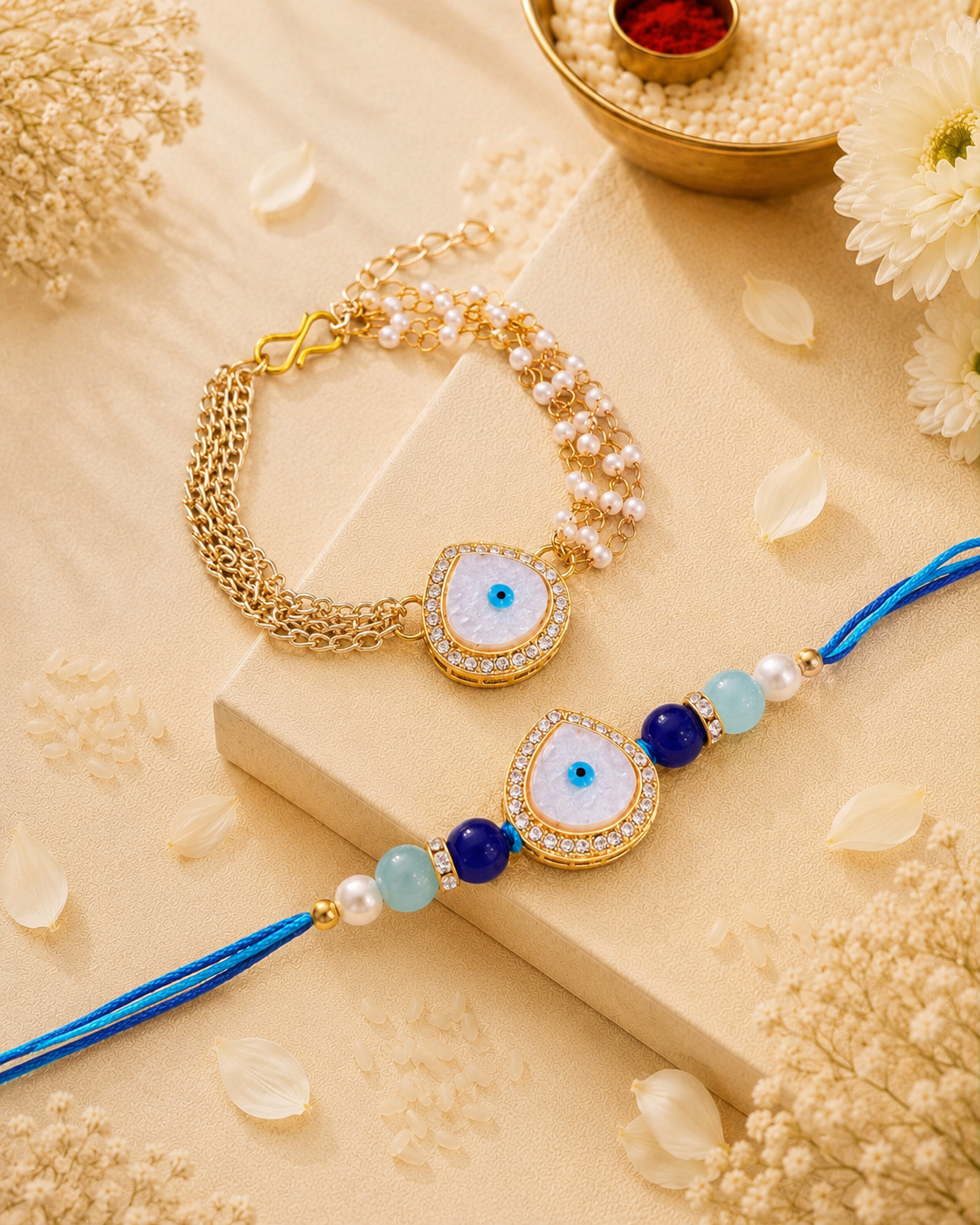 Kaumudi Evil Eye Bhaiya Bhabhi Rakhi Bracelet Set | Tilak Set Included