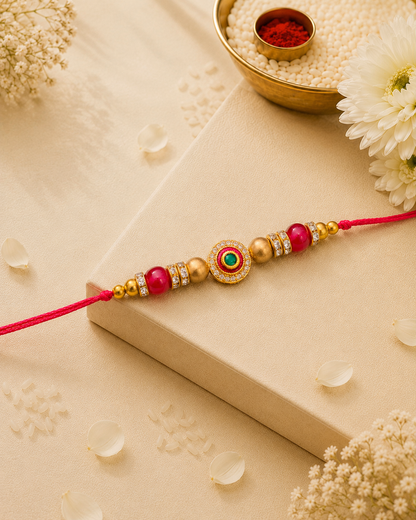 Red Charuvi Rakhi for Brother | Tilak Set Included