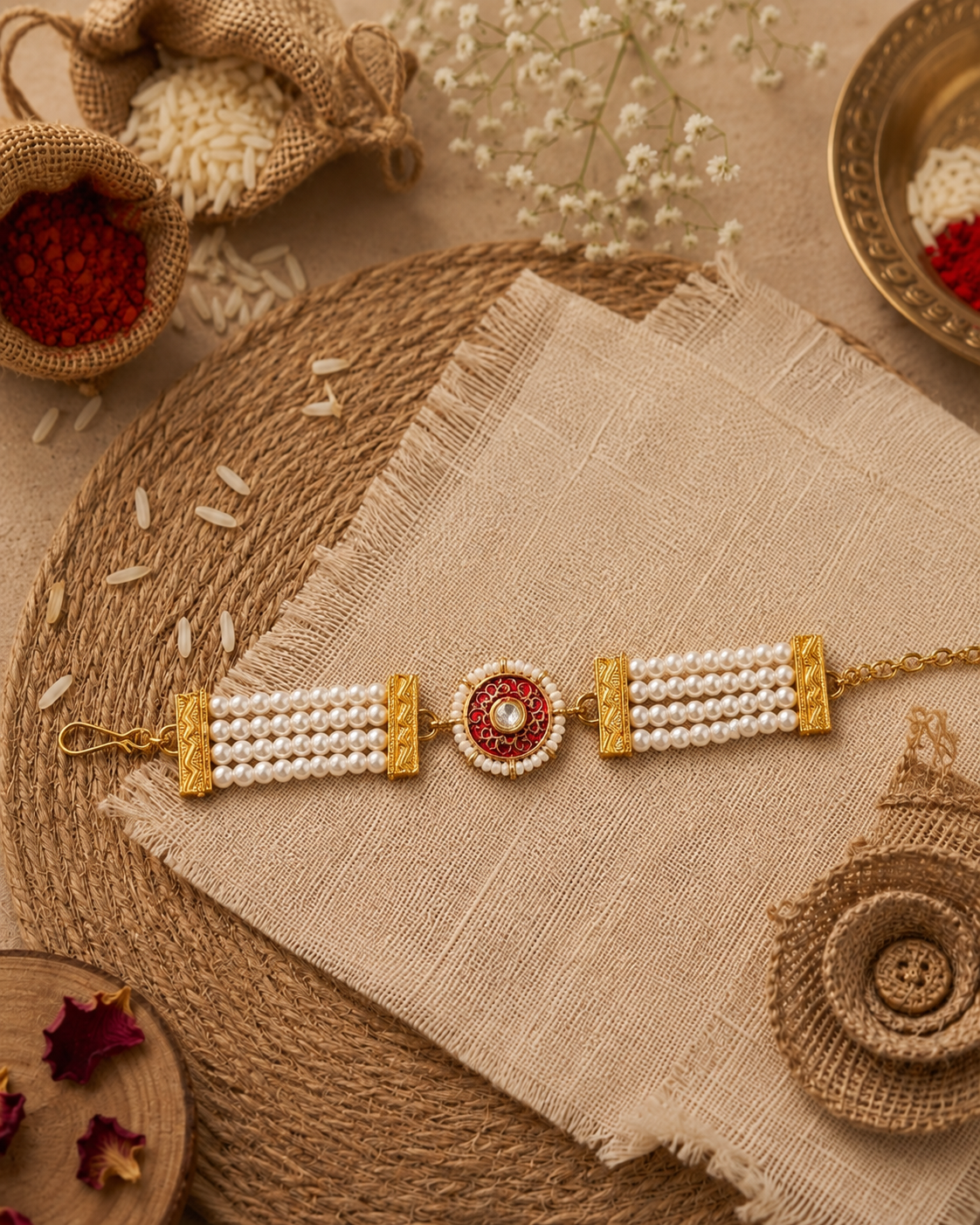 Red Sarin Bracelet Rakhi | Tilak Set Included