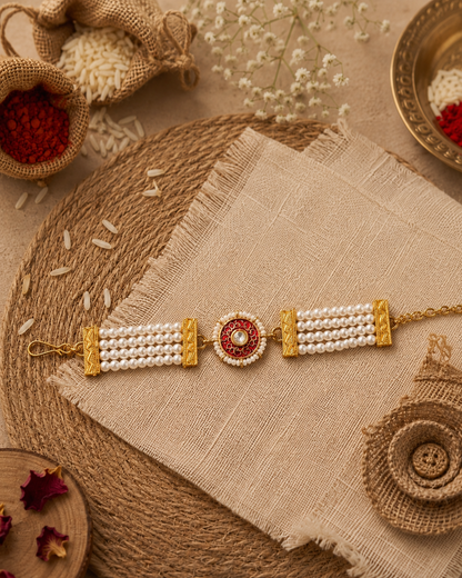 Red Sarin Bracelet Rakhi | Tilak Set Included
