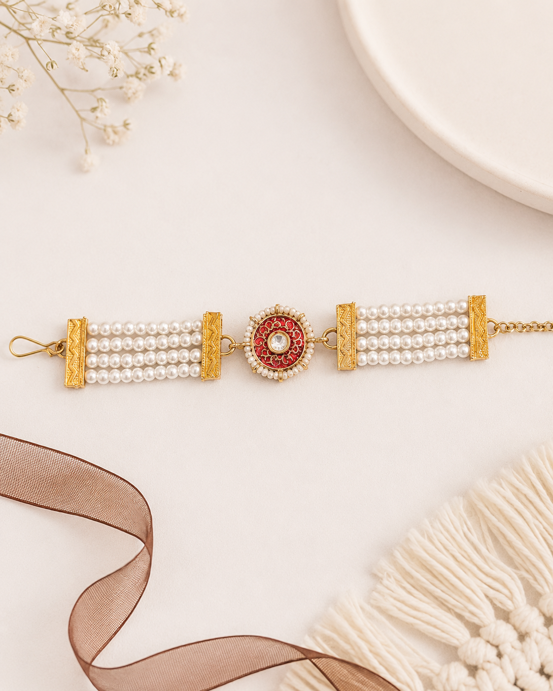 Red Sarin Bracelet Rakhi | Tilak Set Included