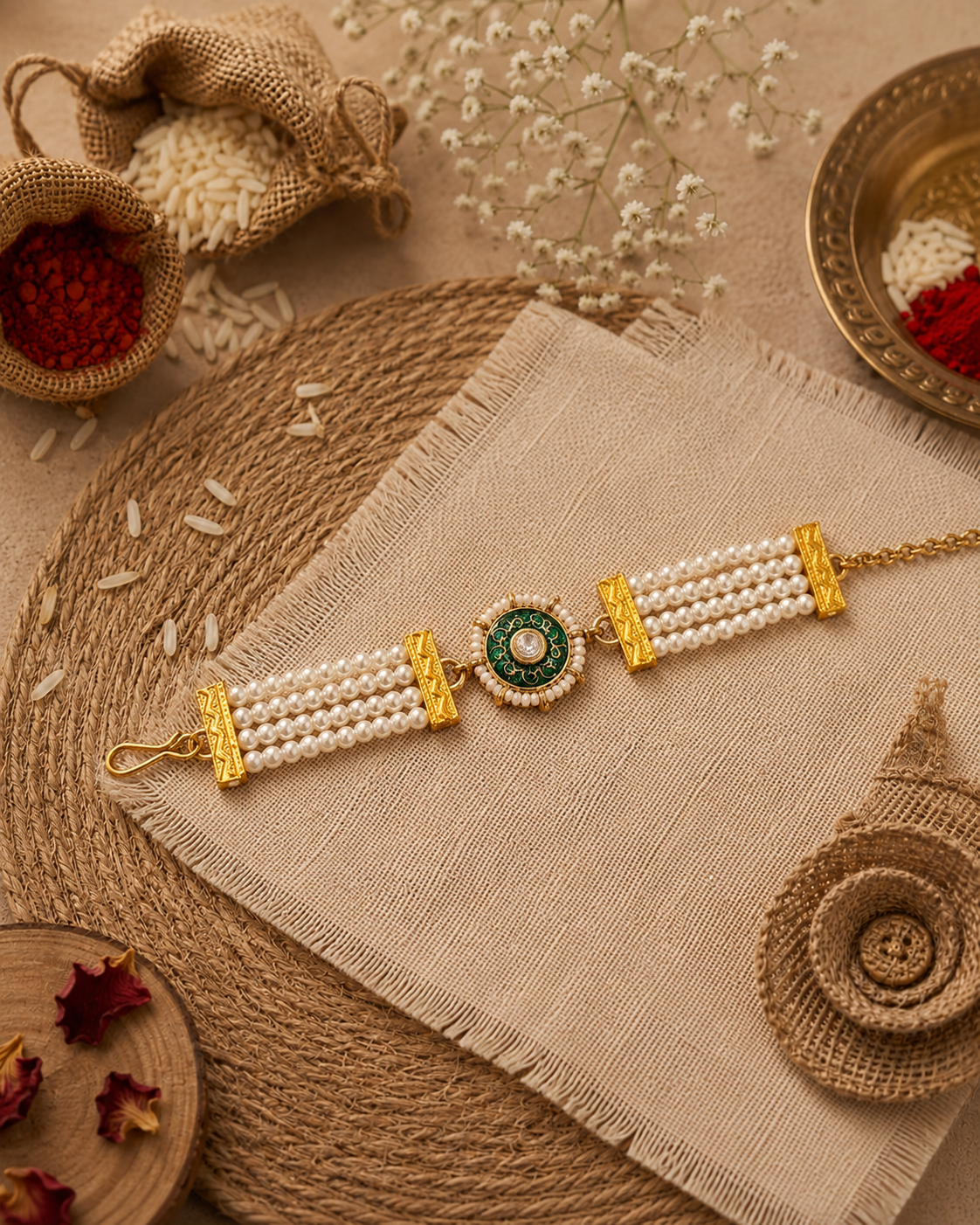 Green Sarin Bracelet Rakhi | Tilak Set Included