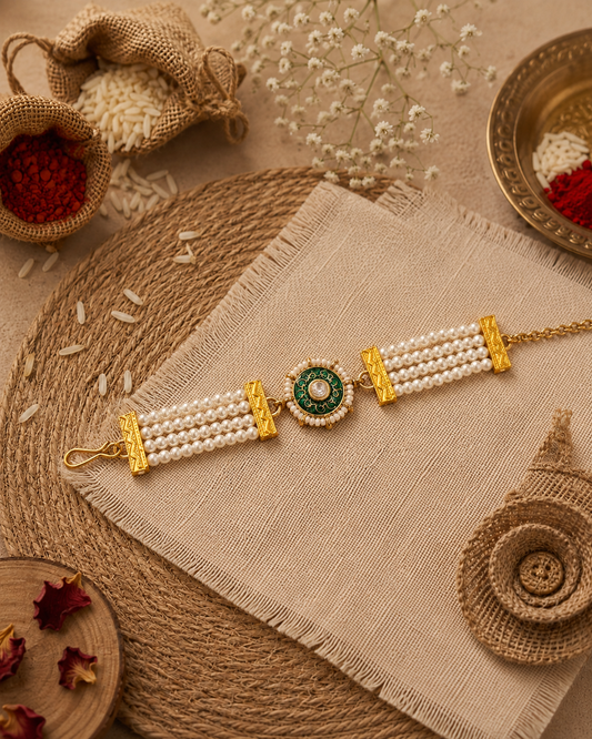 Green Sarin Bracelet Rakhi | Tilak Set Included