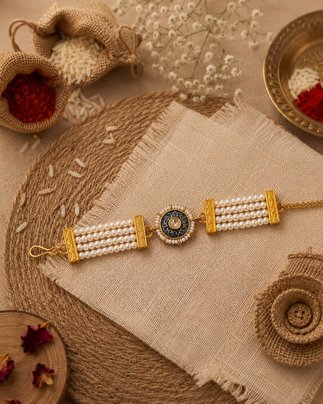 Blue Sarin Bracelet Rakhi | Tilak Set Included