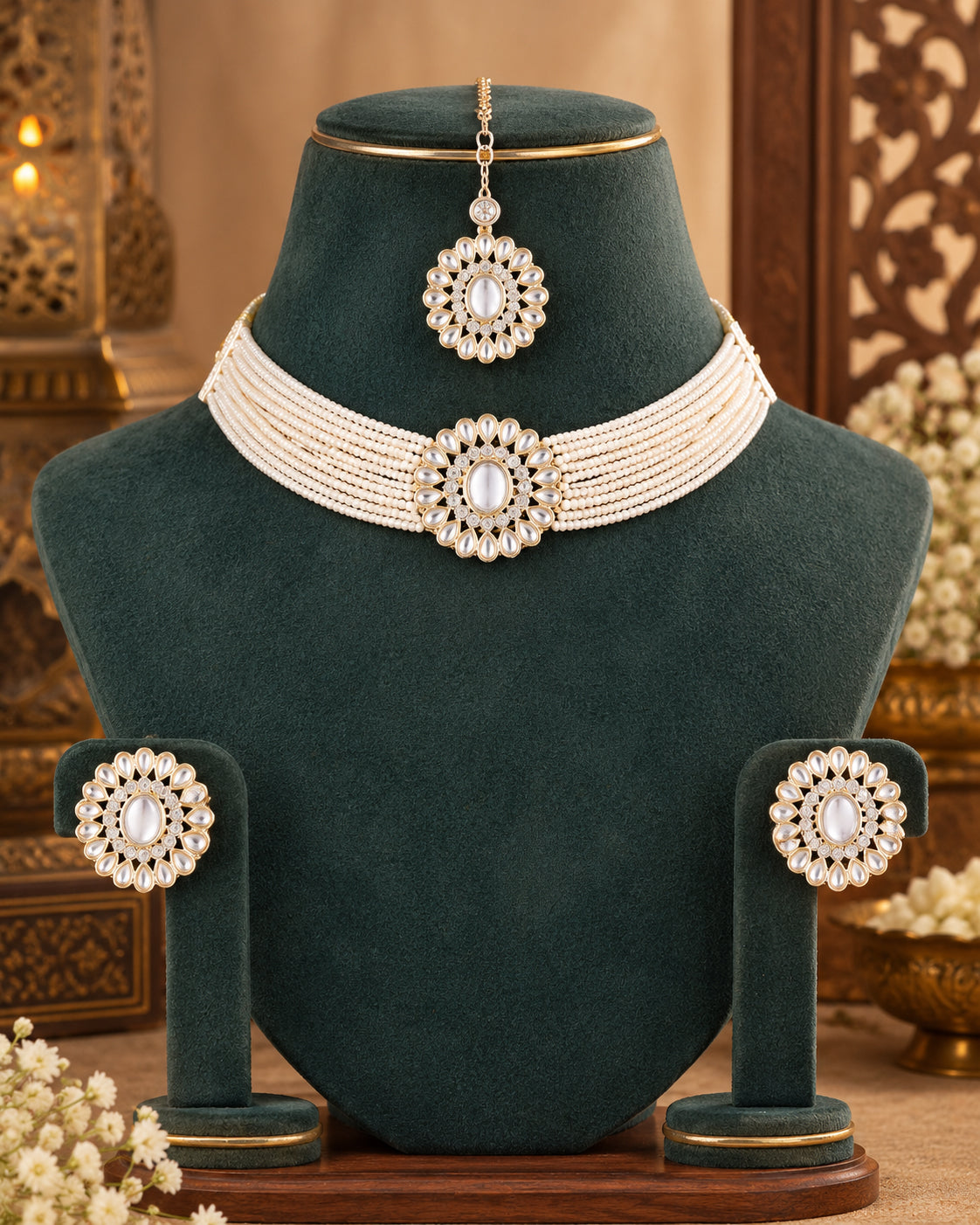 Pearl Shaili Choker Necklace Set With Earring and Maangteeka