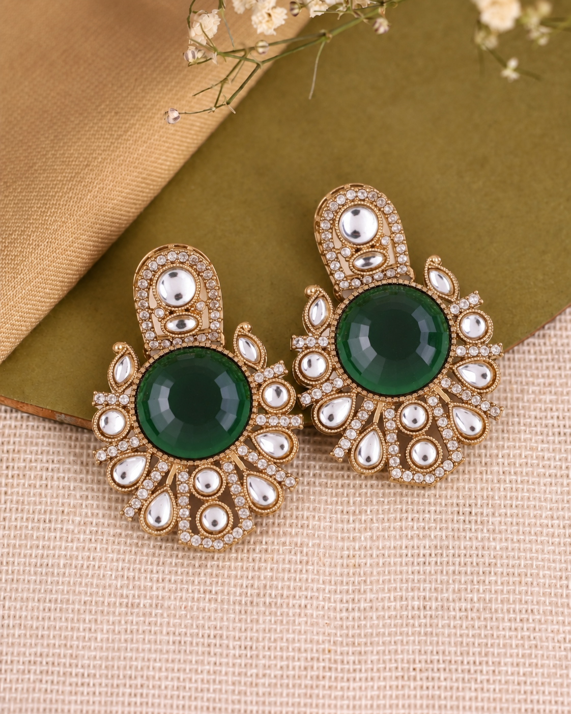 Green Anuraga Premium Designer Zircone Polki Dupe Earring