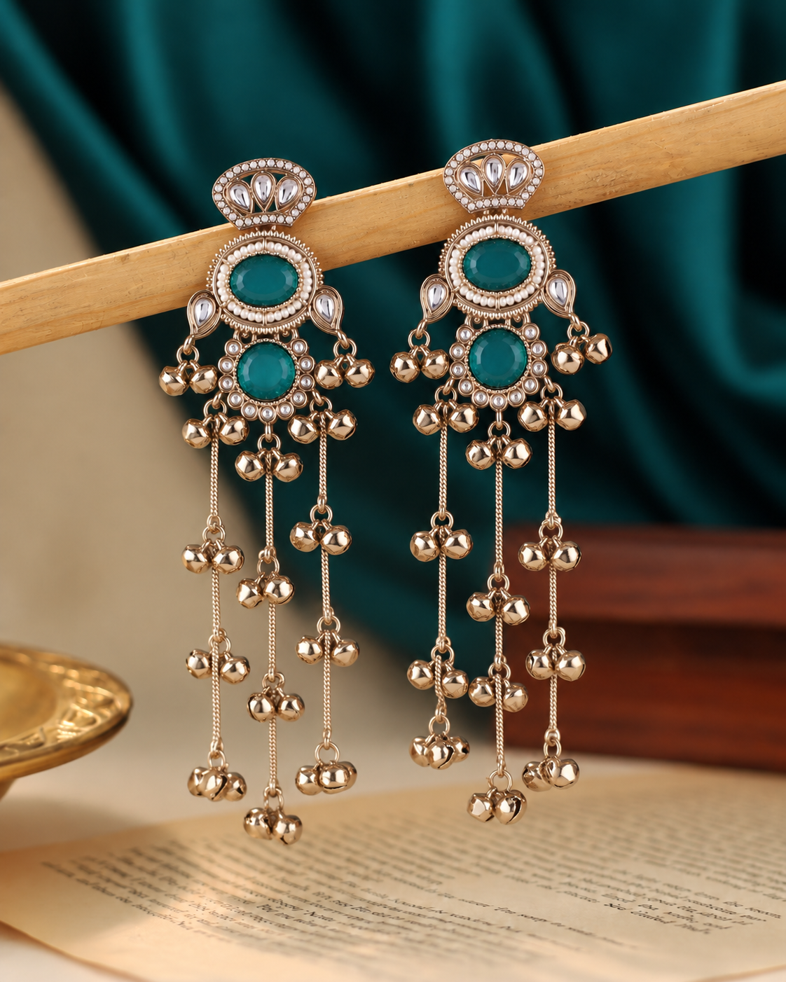 Teal Green Rajvalli Kashmiri Look Ghunghru Jhumka Earring