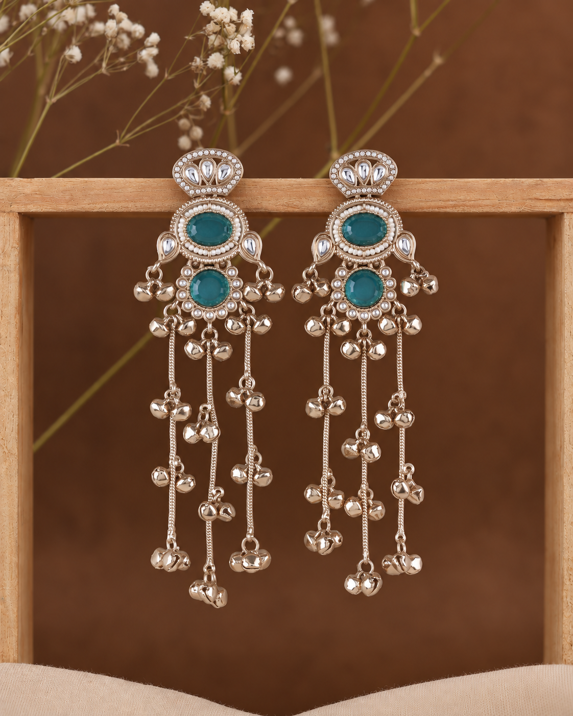 Teal Green Rajvalli Kashmiri Look Ghunghru Jhumka Earring