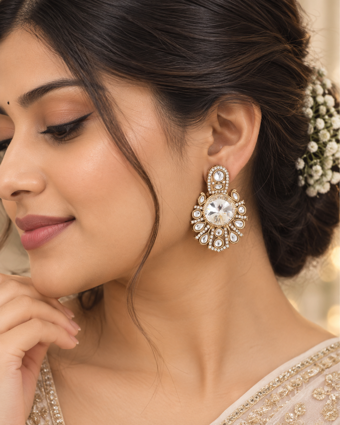 White Anuraga Premium Designer Zircone Polki Dupe Earring