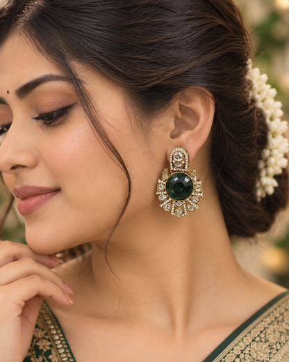 Green Anuraga Premium Designer Zircone Polki Dupe Earring