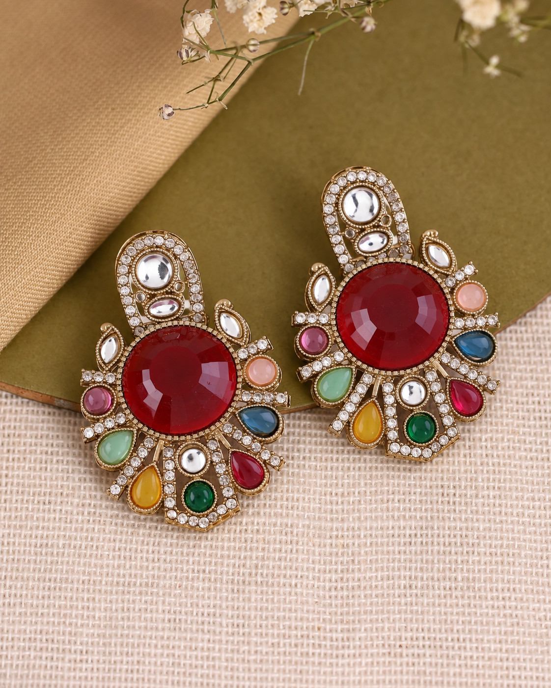 Ruby with Multi Anuraga Premium Designer Zircone Polki Dupe Earring