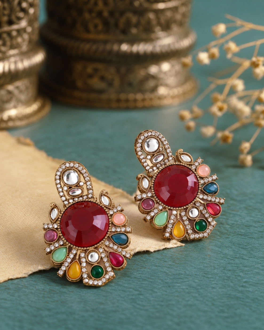 Ruby with Multi Anuraga Premium Designer Zircone Polki Dupe Earring
